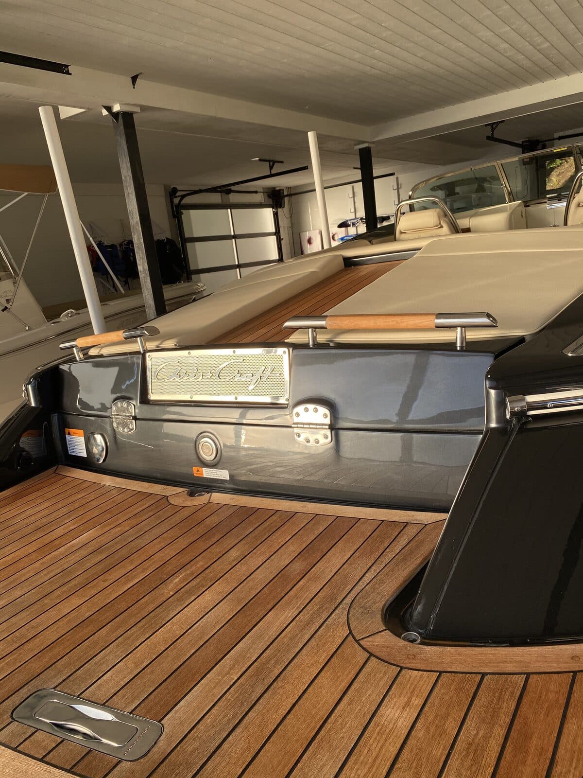 Chris-Craft boat with freshly oiled teak deck